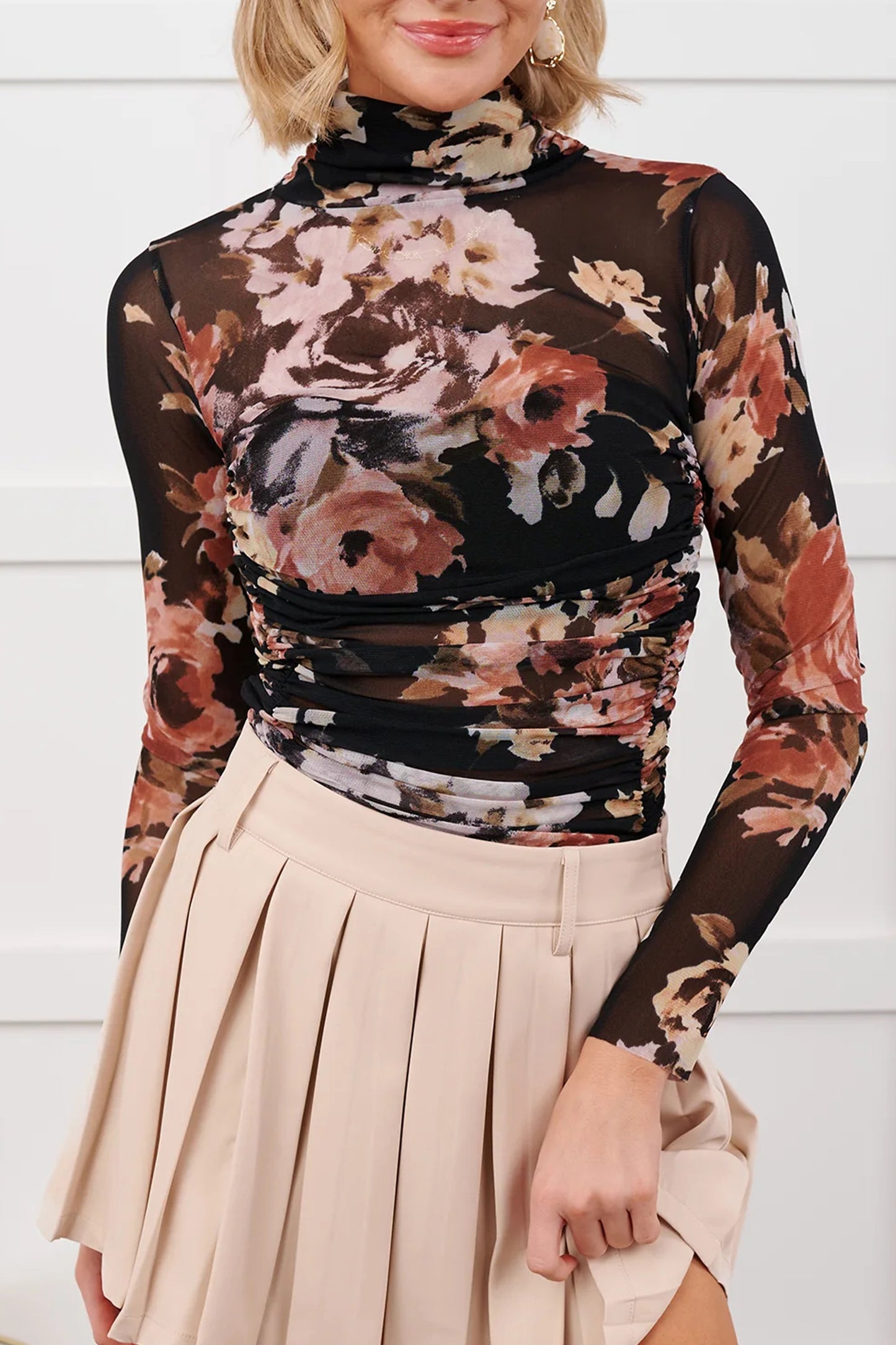 Brown Floral Mesh Long Sleeve Bodysuit