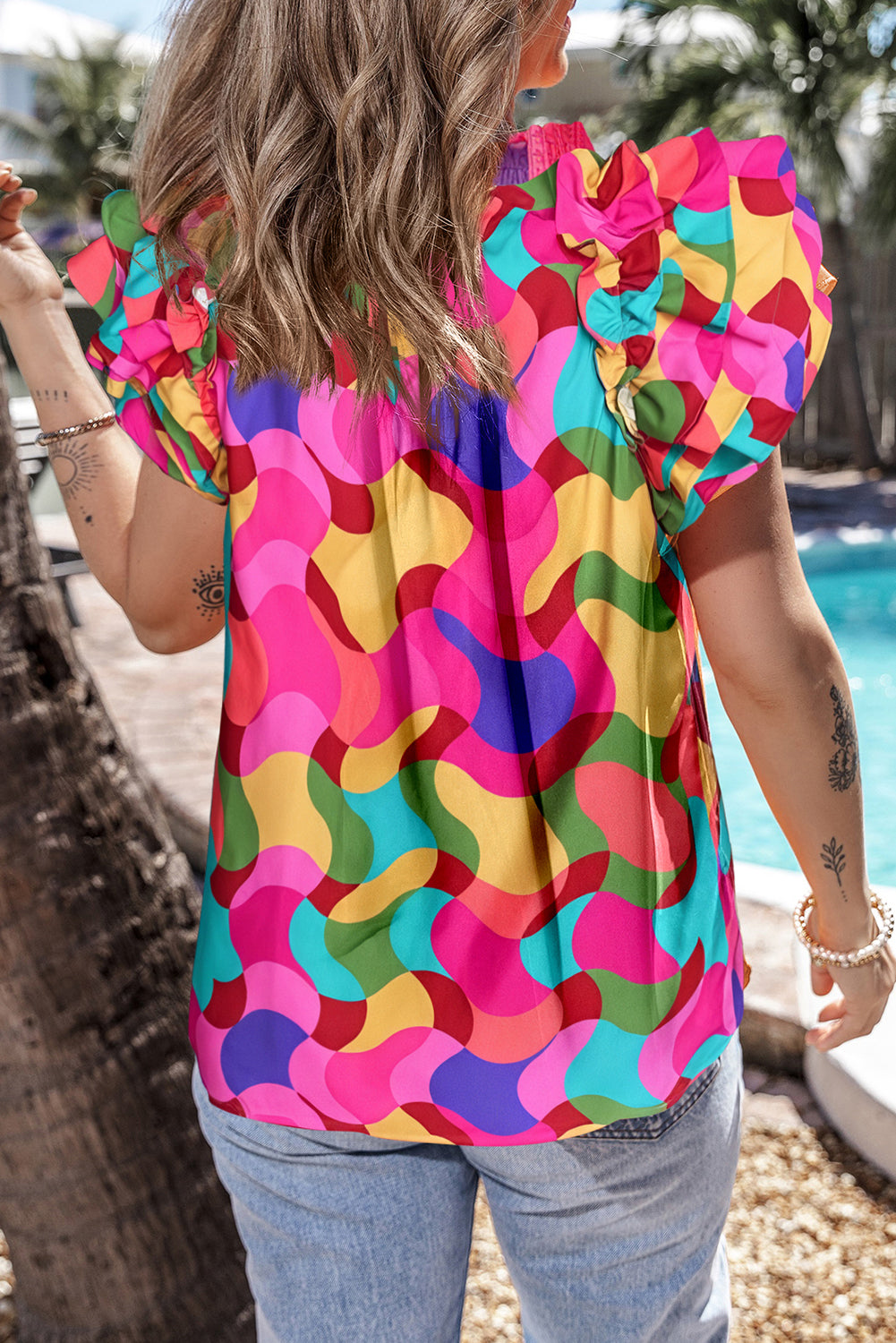 Rose Ruffle Wavy Print Top