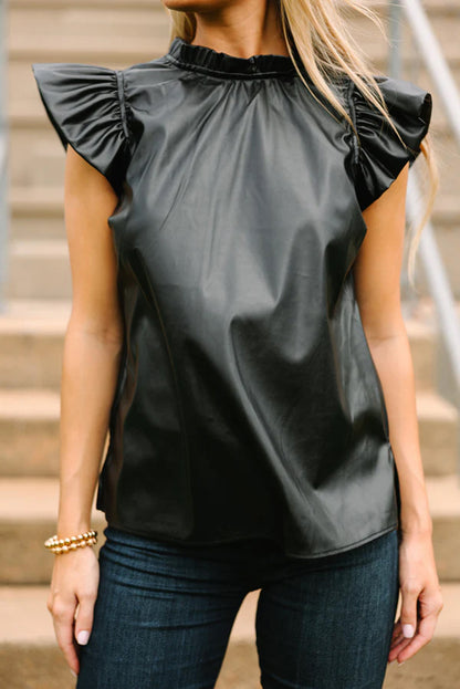 Black PU Leather Ruffle Trim Blouse