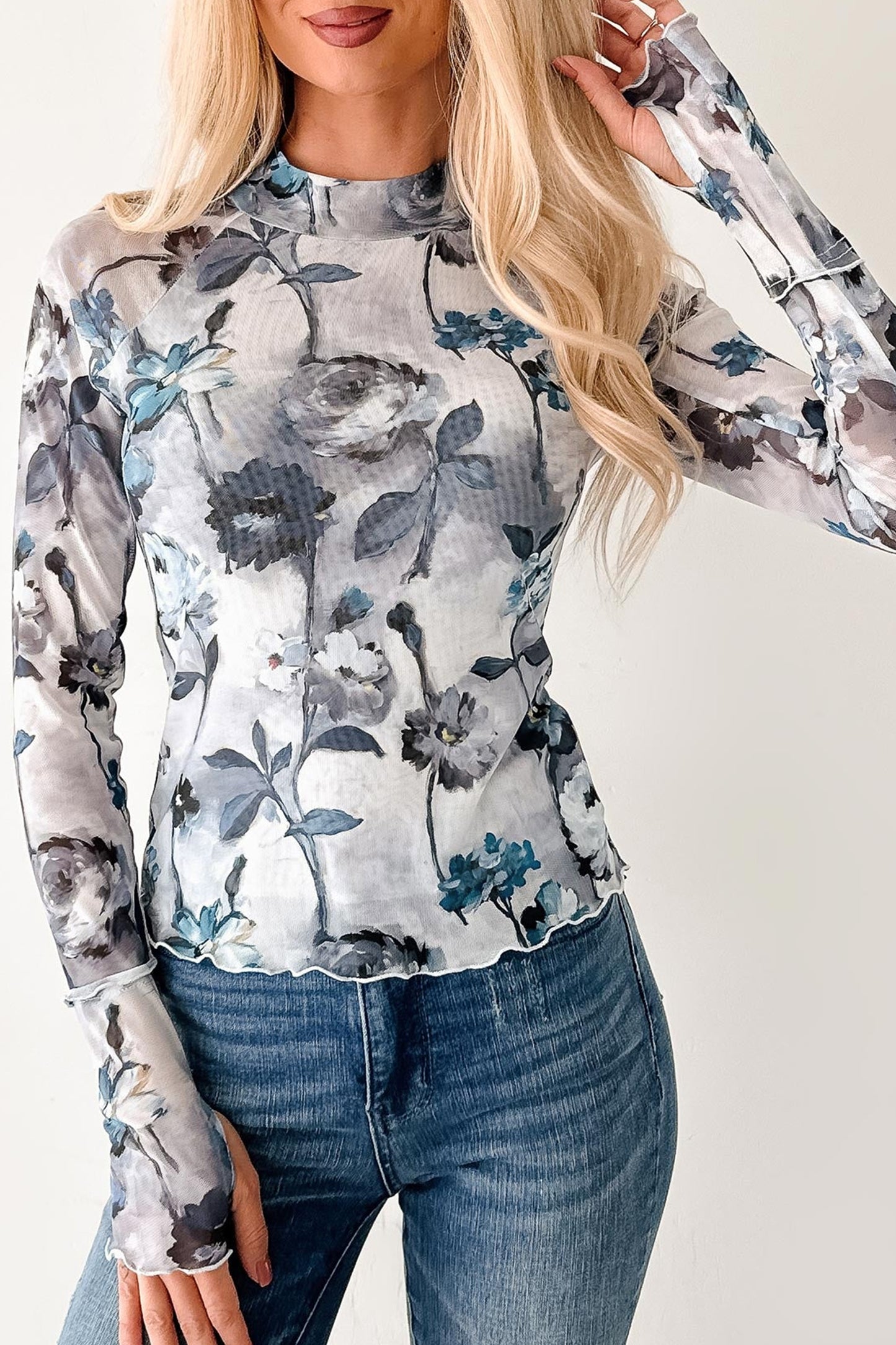 Sky Blue Floral Mesh Long Sleeve Top