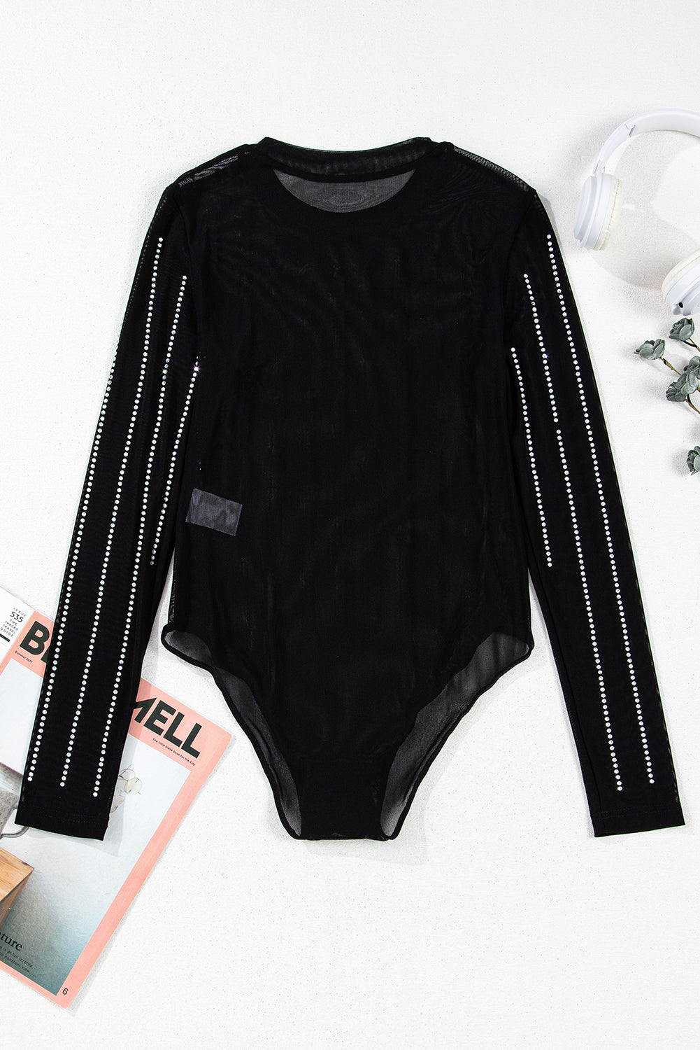 Black Rhinestone Striped Mesh Bodysuit