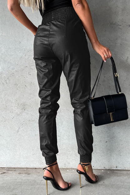 Smocked High-Waist Leather Skinny Pants