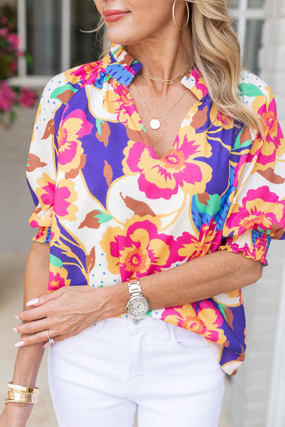 Rose Floral Bubble Sleeve Blouse