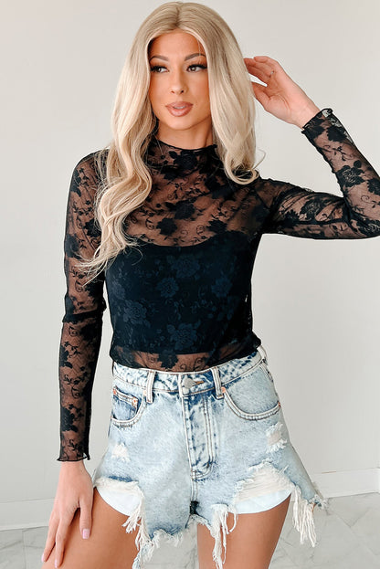 Black Sheer Floral Lace Long Sleeve Top