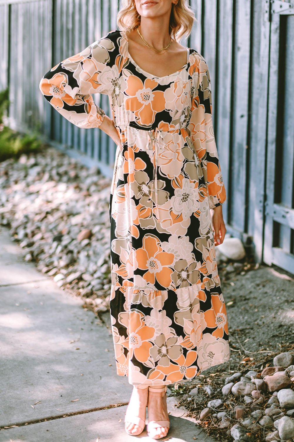 Beige Bold Floral Maxi Dress