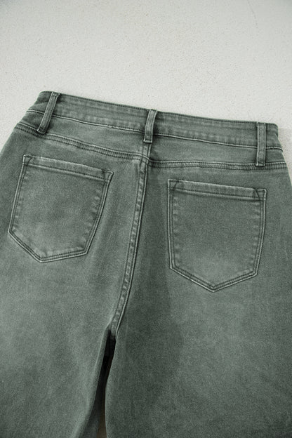Green Washed Raw Edge Wide Leg Jeans