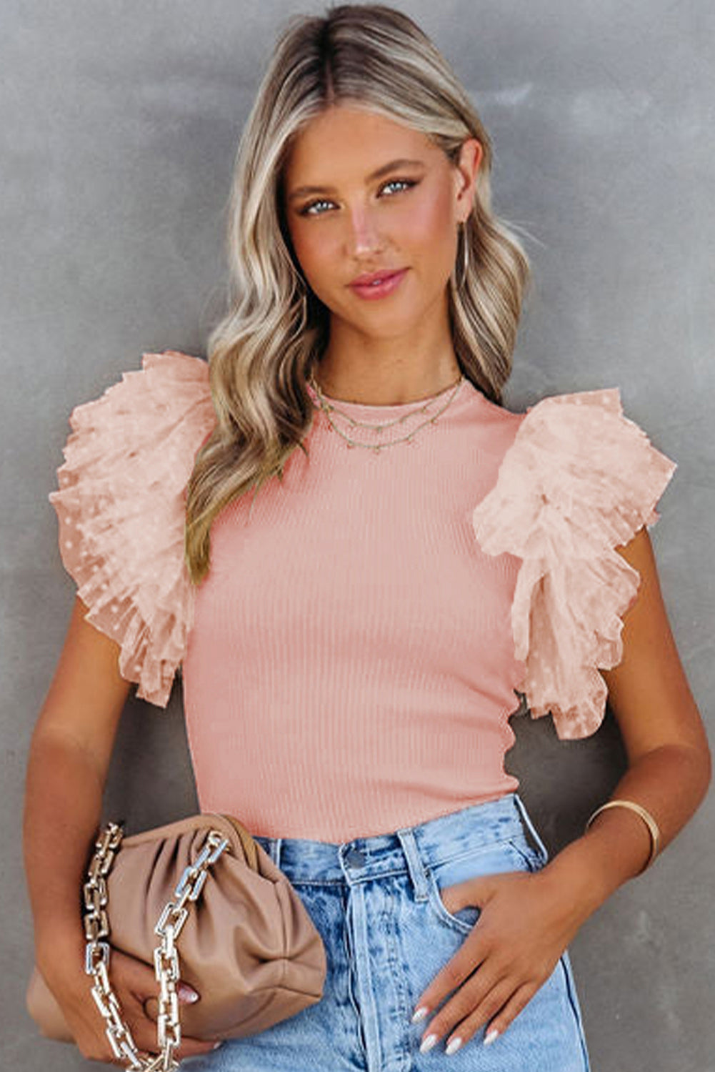 Pink Dotty Mesh Ruffle Sleeve Ribbed Top