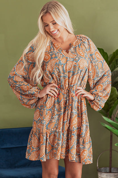 Orange Paisley Drawstring Mini Dress