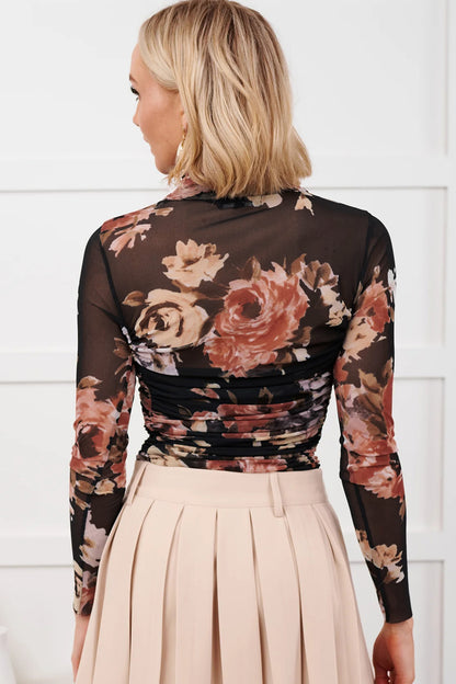 Brown Floral Mesh Long Sleeve Bodysuit