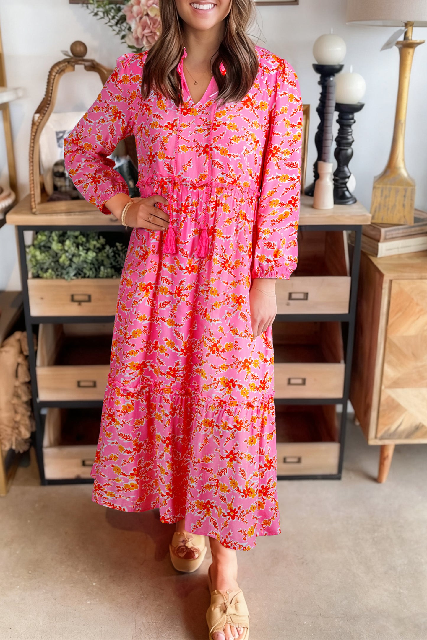 Pink Floral Long Sleeve Tassel Maxi Dress
