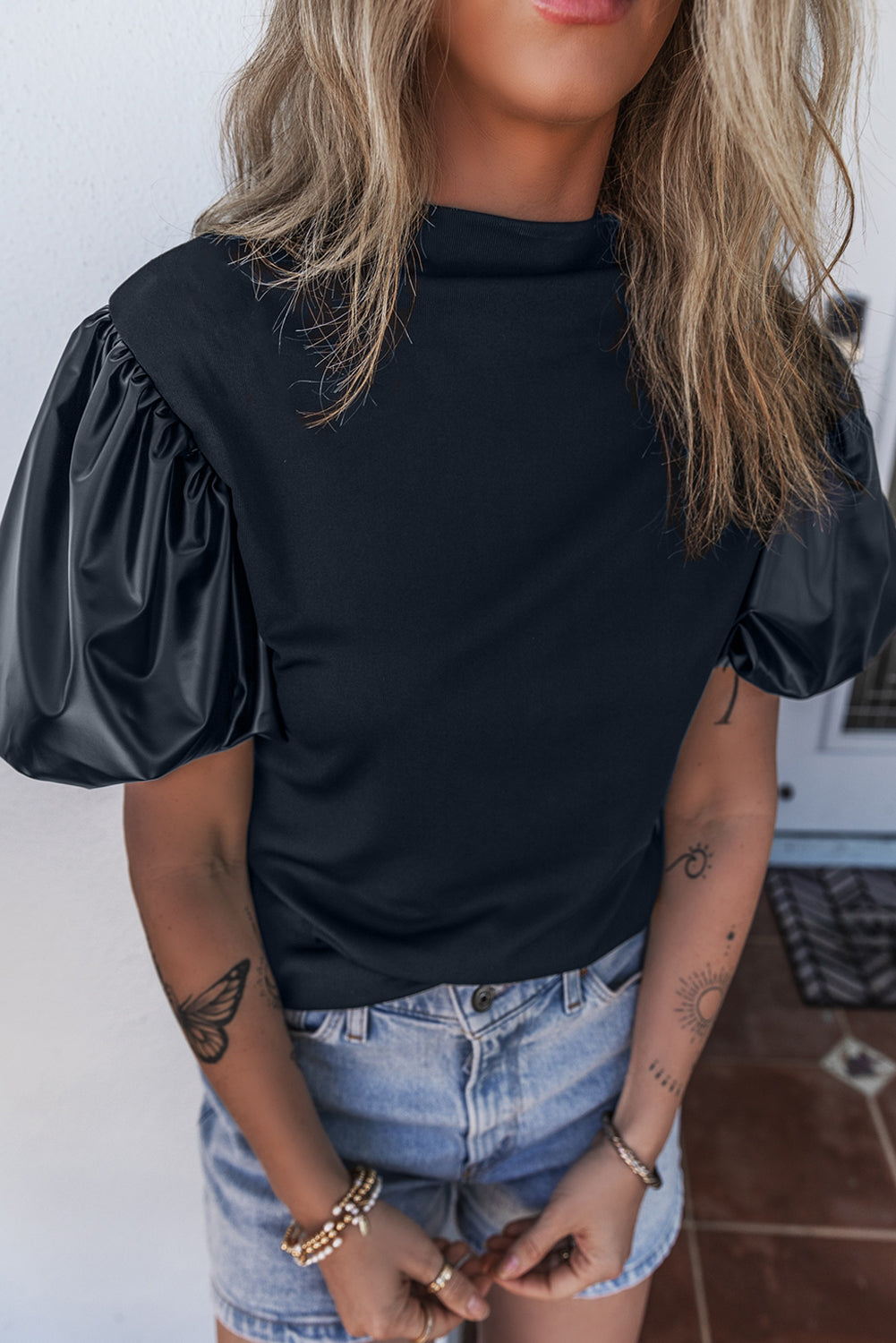 Black Faux Leather Puff Short Sleeve Top