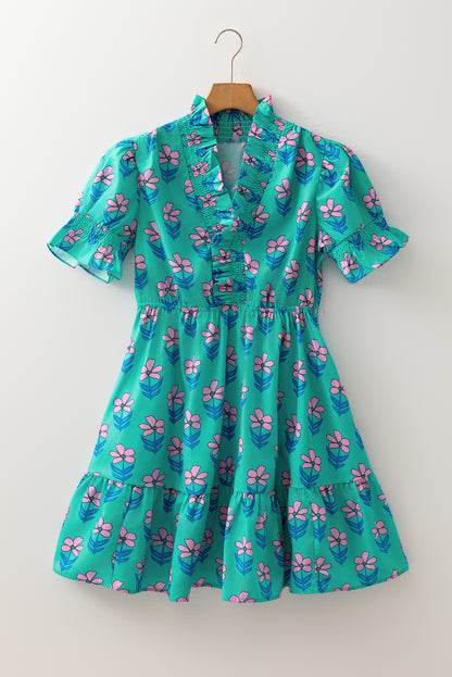 Green Floral Frill High Waist Mini Dress