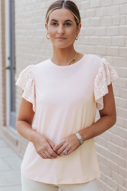 Pink Sequin Sleeves T-Shirt