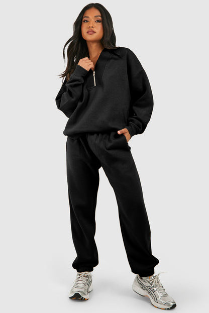 Black Plain Half Zip V Neck Tracksuit