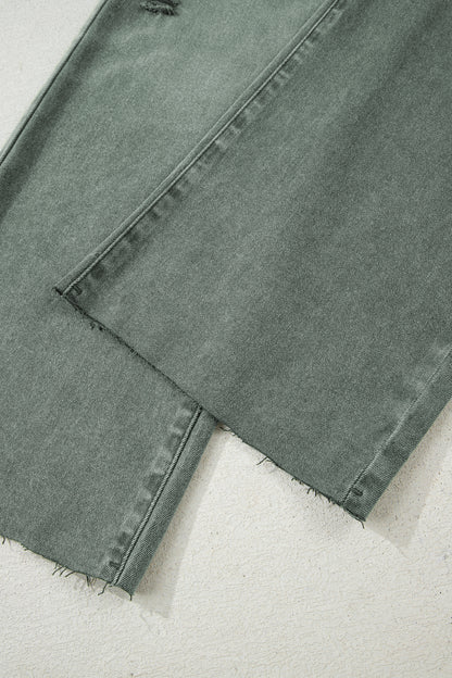 Green Washed Raw Edge Wide Leg Jeans