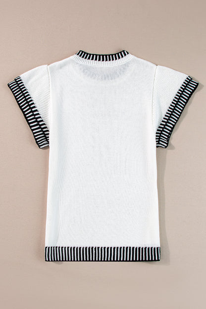 White Contrast Trim Knitted Top