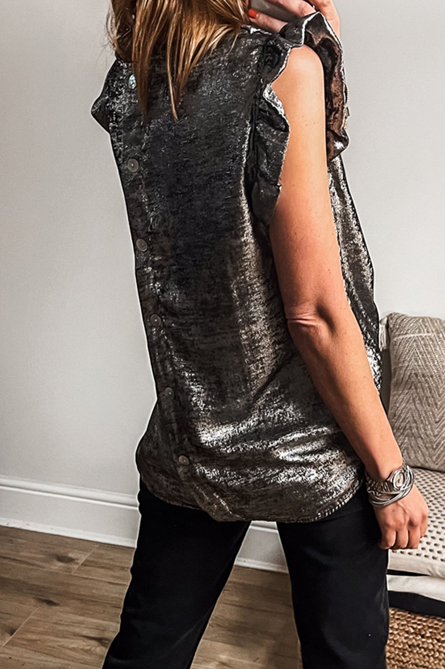 Silver Metallic Ruffle Blouse