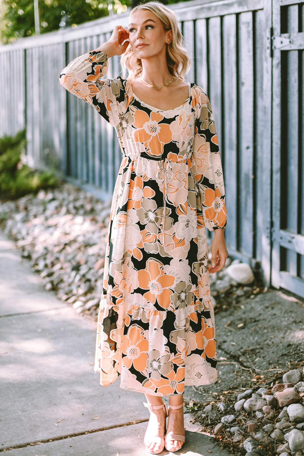 Beige Bold Floral Maxi Dress