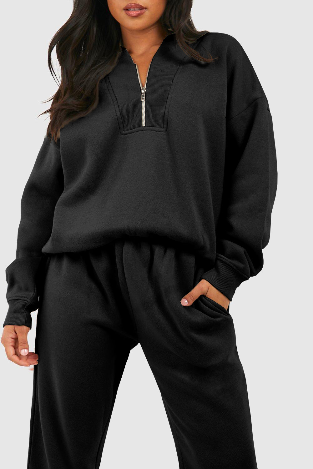 Black Plain Half Zip V Neck Tracksuit