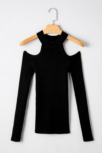 Black Ribbed Cold Shoulder Sweater