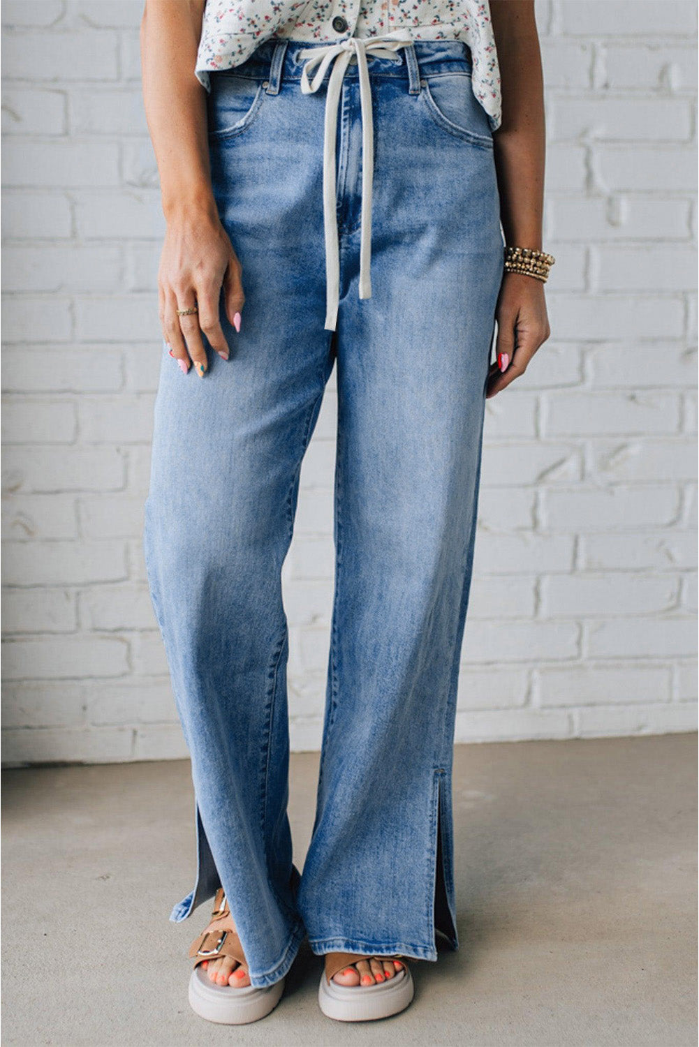 Blue High Rise Drawstring Jeans