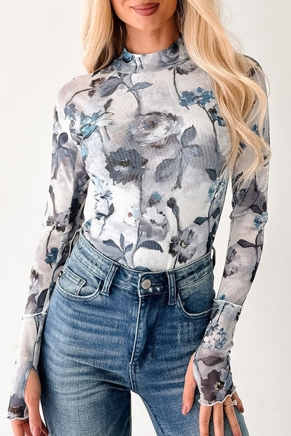 Sky Blue Floral Mesh Long Sleeve Top