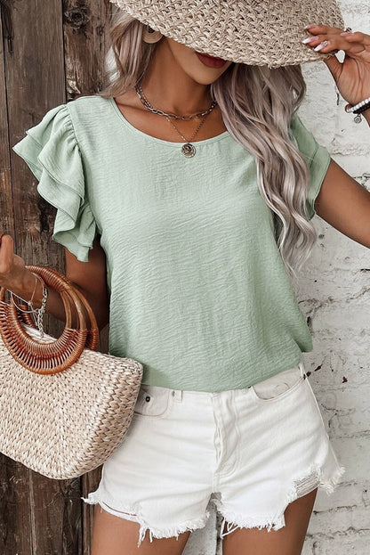 Sage Ruffled Short Sleeve Blouse