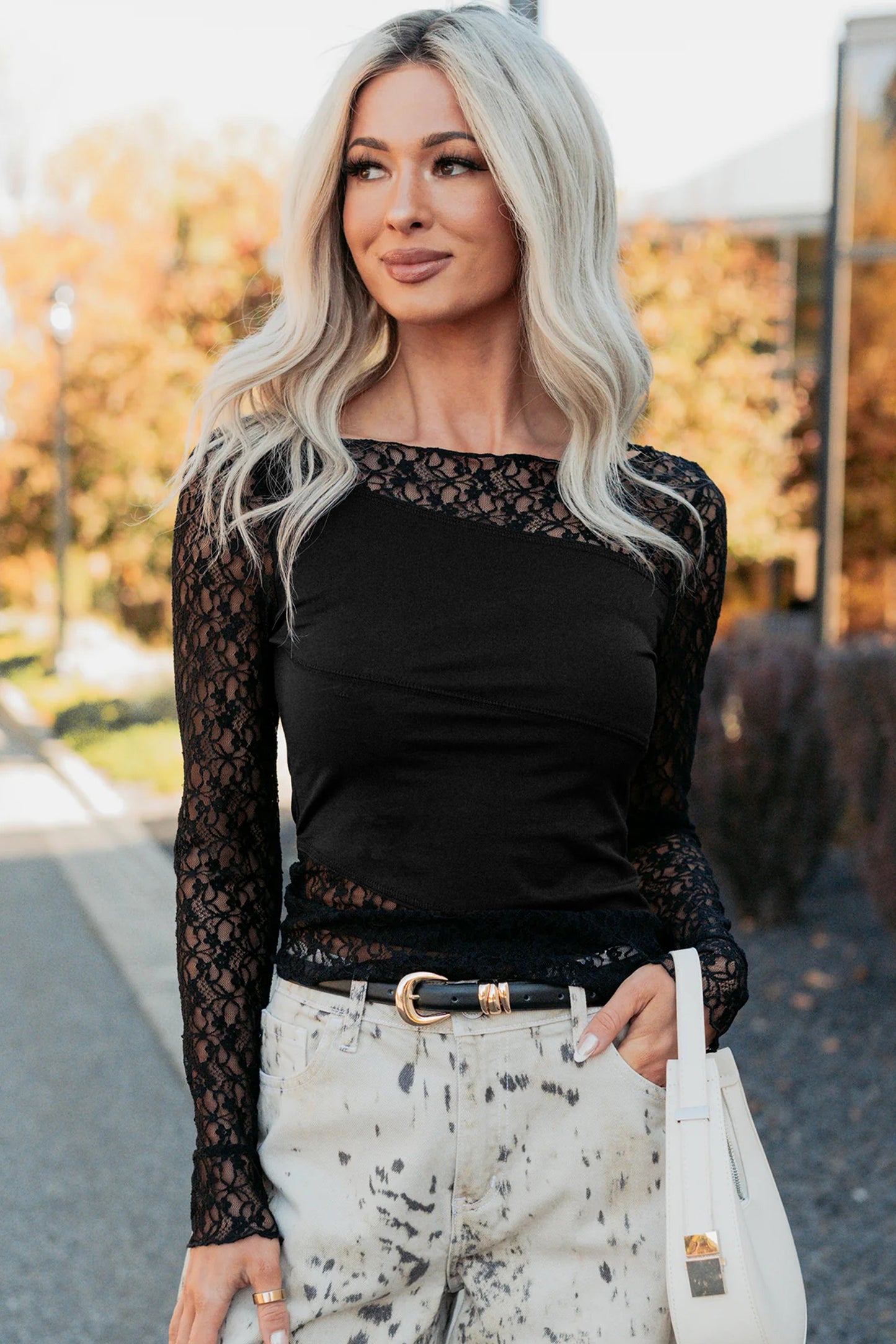 Black Asymmetric Lace Long Sleeve Top