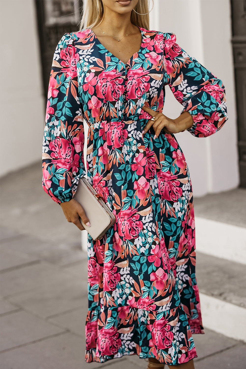 Floral V Neck High Waist Dress