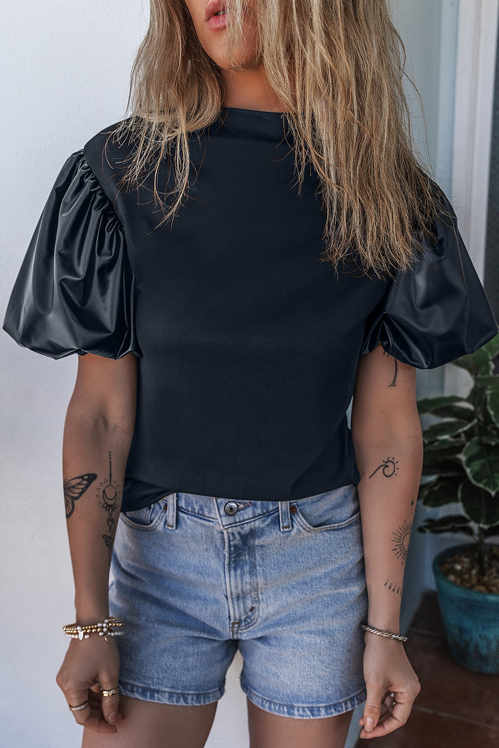 Black Faux Leather Puff Short Sleeve Top