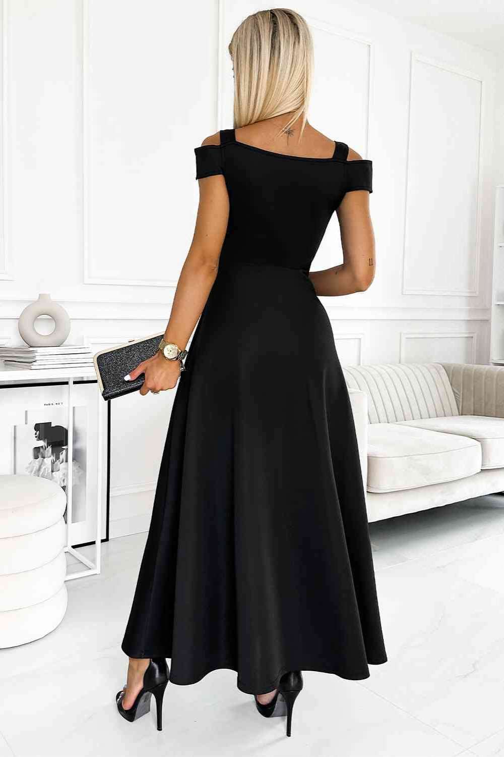 Black cold shoulder evening dress