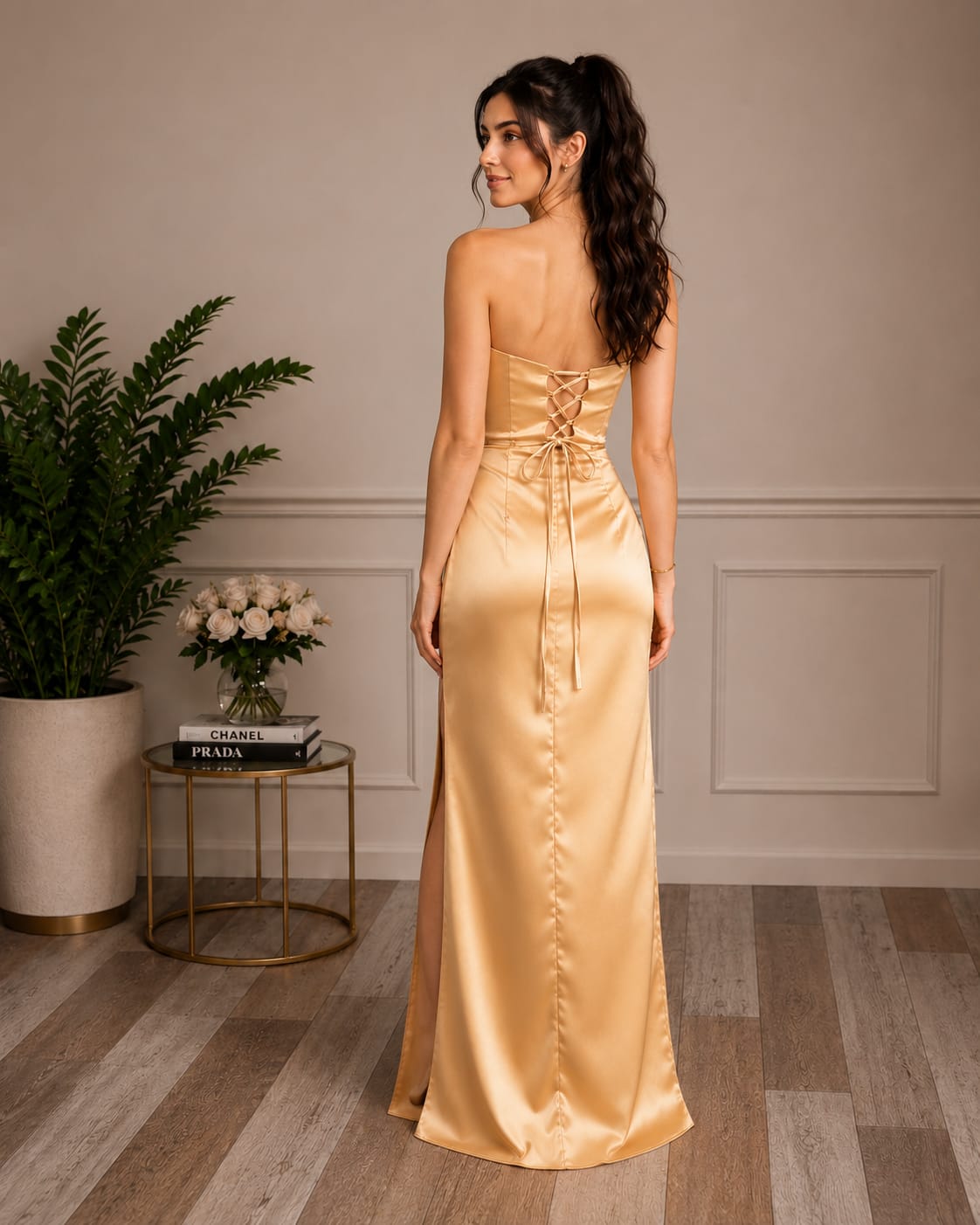 Gold satin evening gown