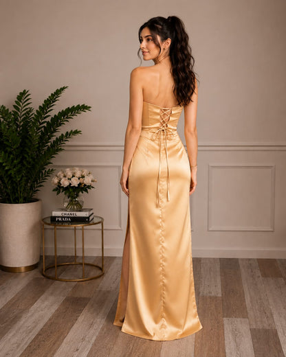 Gold satin evening gown