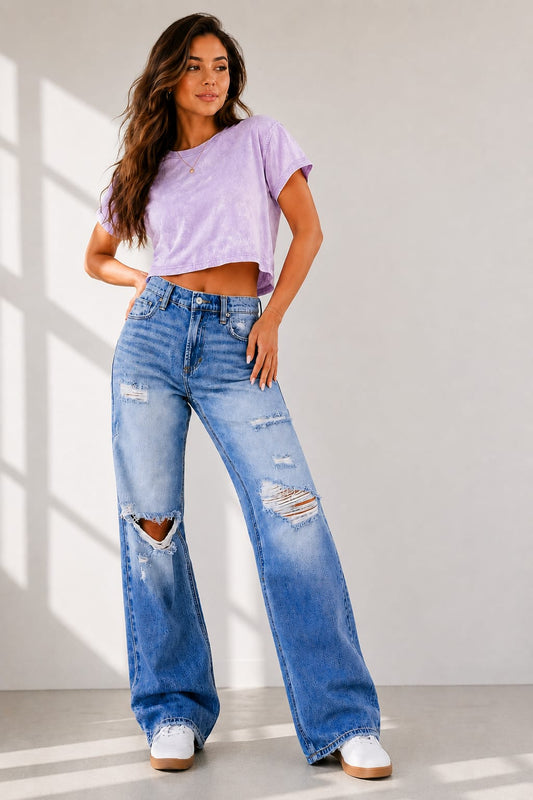 Blue Mid Rise Straight Leg Jeans