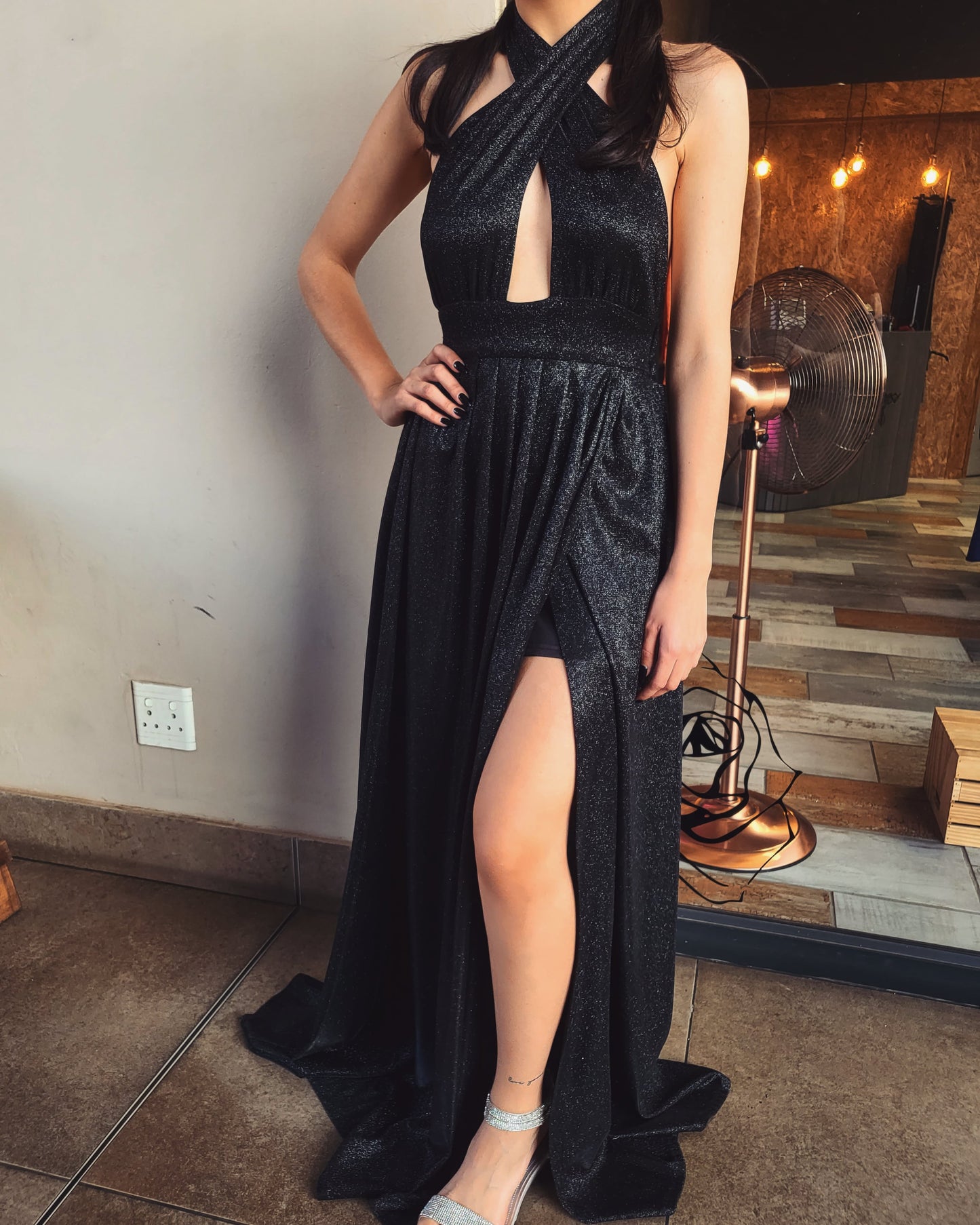 Black glitter halter evening dress