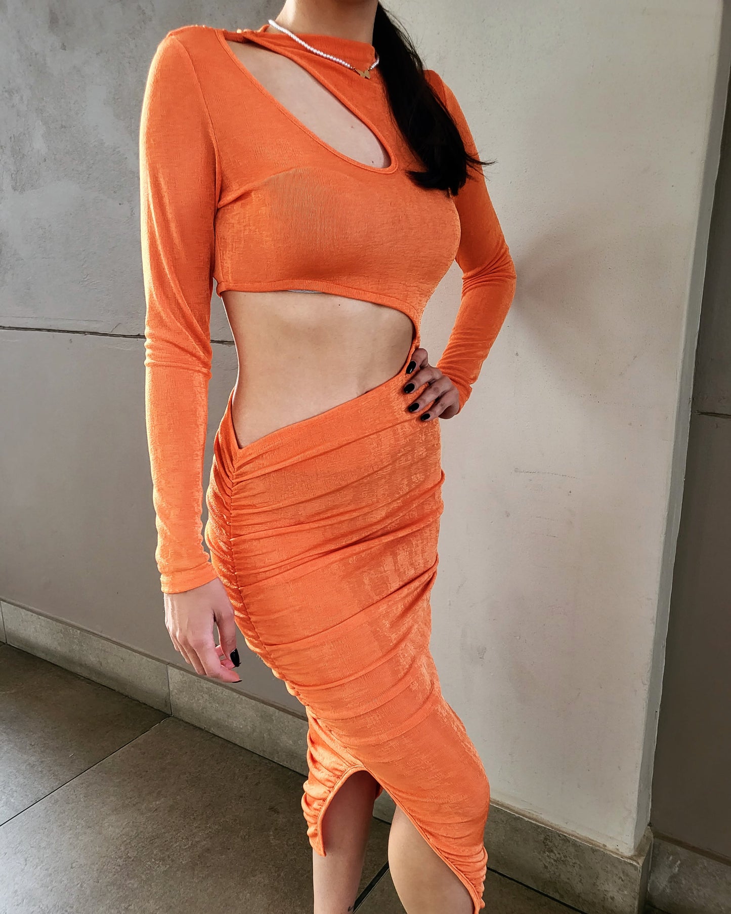 Orange cut out midi dress