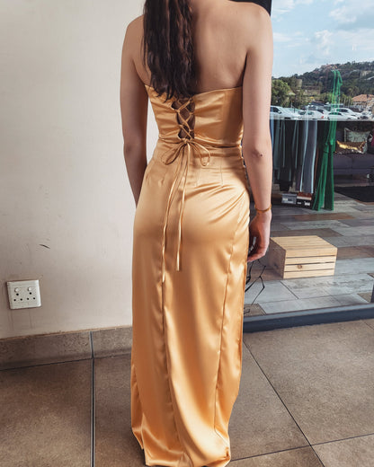 Gold satin evening gown