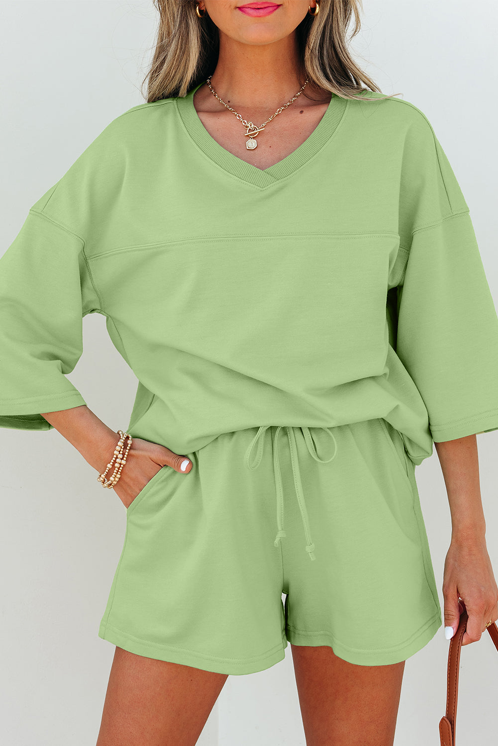 Green V Neck Half Sleeve Tee and Shorts