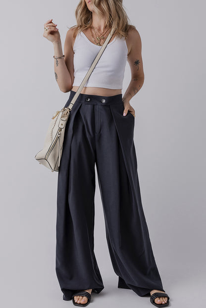 Navy Blue High Waist Pleated Wide Leg Pants