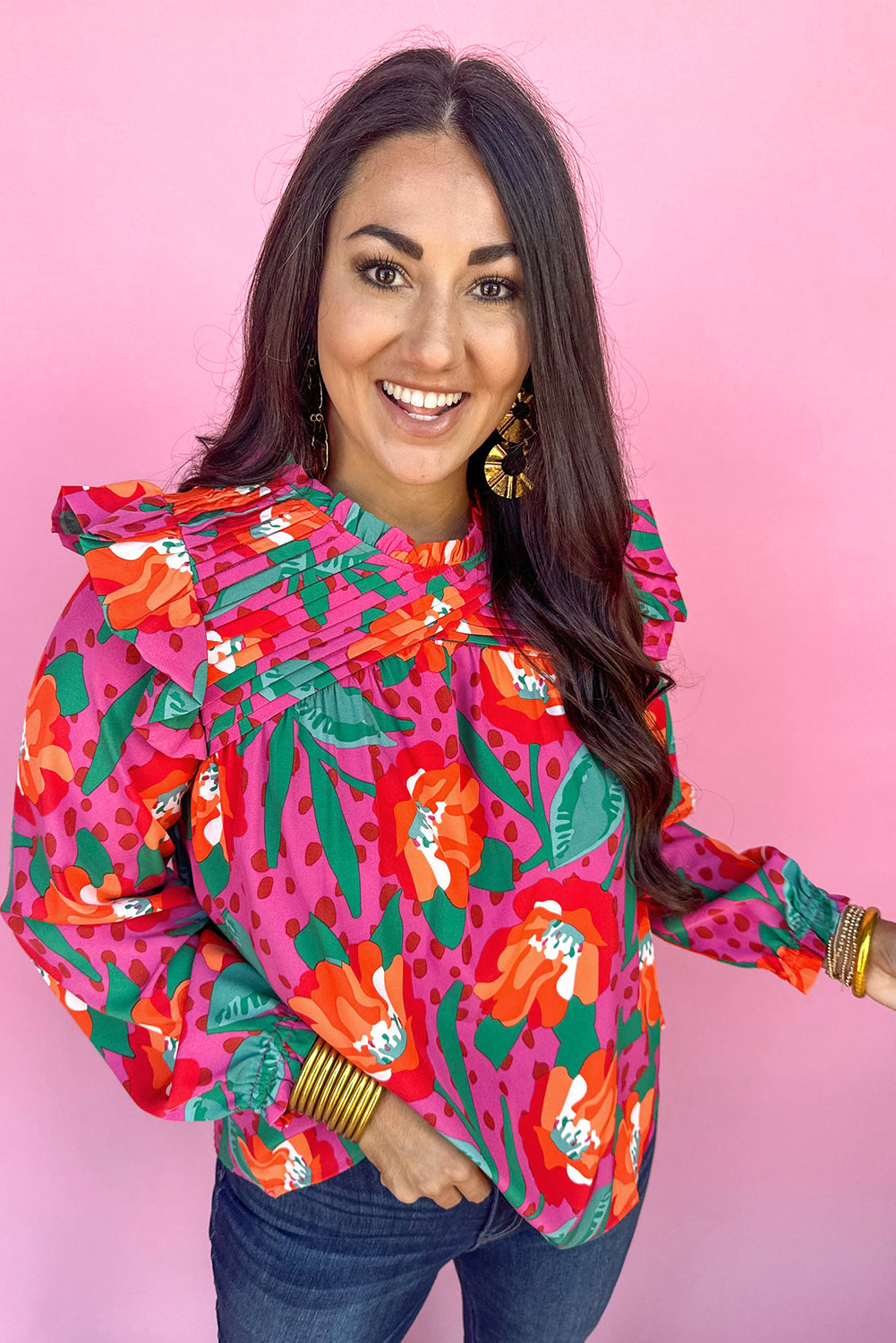 Rose Floral Print Plus Size Blouse