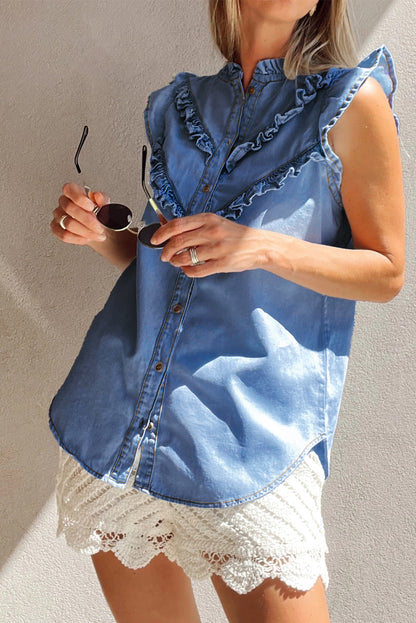 Blue Frilled Button Up Denim Shirt