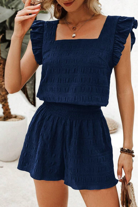Dark Blue Textured Top and Shorts Set