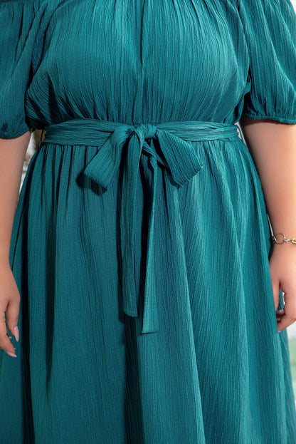 Teal Frilled U Neck Plus Size Midi Dress