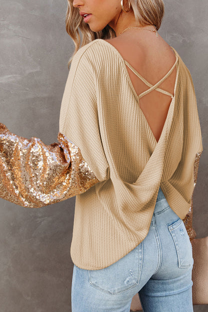 Sequin Open Back Knit Top