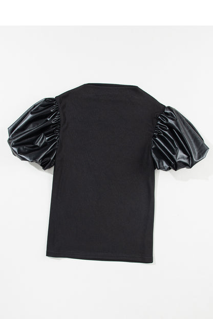 Black Faux Leather Puff Short Sleeve Top