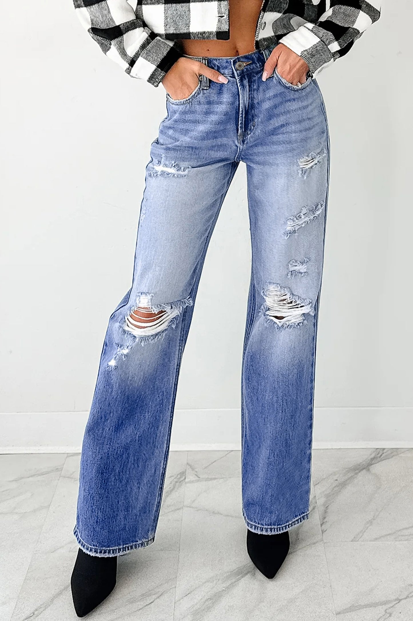Blue Mid Rise Straight Leg Jeans