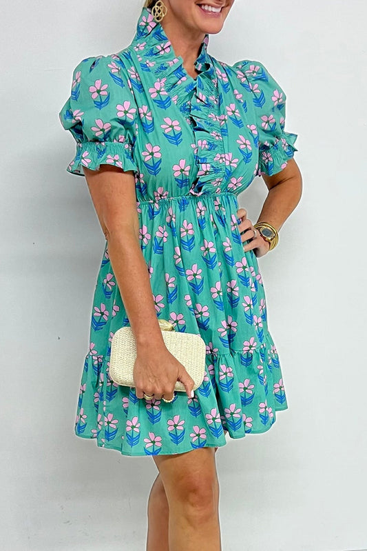 Green Floral Frill High Waist Mini Dress
