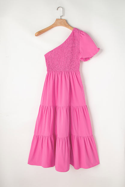 Strawberry Pink Asymmetric Tiered Midi Dress