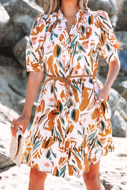Brown Abstract Printed Mini Dress