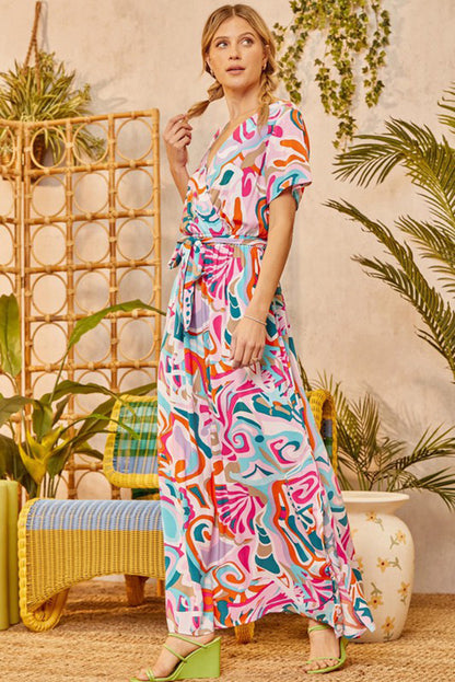 Multicolour Abstract  V Neck Maxi Dress